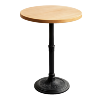 Classic round wooden cafe table with ornate black metal pedestal base isolated on transparent background png