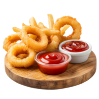 Crispy golden onion rings and french fries served with ketchup on a wooden board isolated on transparent background png