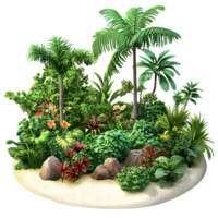 Lush tropical island diorama with palm trees and exotic plants isolated on transparent background png