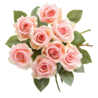 Beautiful bouquet of delicate light pink roses with green leaves isolated on transparent background png