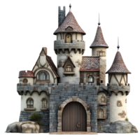 Fairytale medieval castle with towers and arched gateway isolated on transparent background png