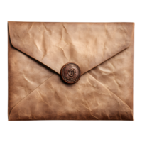 Antique brown paper envelope sealed with a circular wax seal isolated on transparent background png