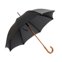 Classic black umbrella with curved wooden handle elegant and functional accessory isolated on transparent background png