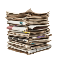 Tall stack of old newspapers with yellowed pages and folded edges isolated on transparent background png