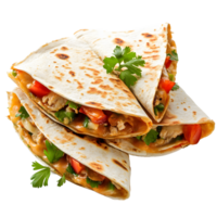 Delicious chicken quesadilla with fresh vegetables and herbs isolated on transparent background png