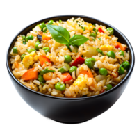 Delicious vegetable fried rice in a bowl with fresh basil garnish isolated on transparent background png