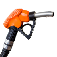 Close up of an orange and black fuel nozzle with a silver spout isolated on transparent background png