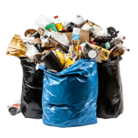 Full blue garbage bag overflowing with various trash items isolated on transparent background png