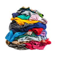 A large messy pile of colorful folded and crumpled clothes isolated on transparent background png