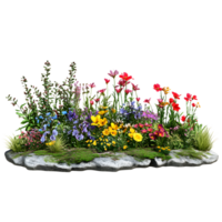 Vibrant assortment of colorful garden flowers and greenery isolated on transparent background png