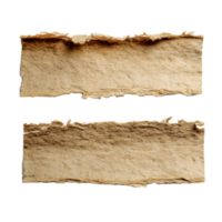Two torn rough textured paper edges with burned brown borders isolated on transparent background png