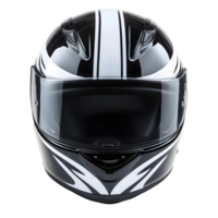 Sleek black and white striped motorcycle helmet with tinted visor isolated on transparent background png