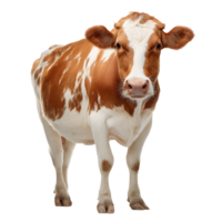 A brown and white spotted dairy cow standing calmly isolated on transparent background png