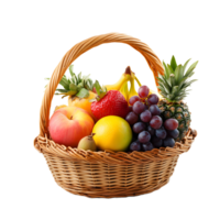 A woven basket overflowing with a vibrant assortment of fresh fruits isolated on transparent background png