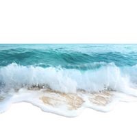 Crashing ocean wave with white foam and sandy beach texture isolated on transparent background png
