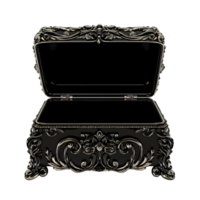 Ornate antique black treasure chest with intricate scrollwork open and empty isolated on transparent background png