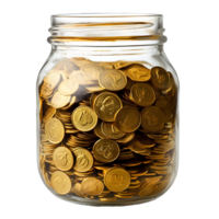 Glass jar filled with numerous golden coins isolated on transparent background png