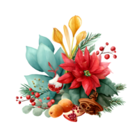 Vibrant winter floral arrangement with poinsettia crocus berries and pomegranate isolated on transparent background png