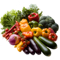 A vibrant assortment of fresh healthy vegetables including peppers zucchini lettuce and tomatoes isolated on transparent background png