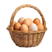 Woven wicker basket filled with fresh brown and white eggs isolated on transparent background png