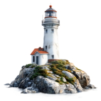 Iconic white lighthouse and small building perched on a rocky island isolated on transparent background png