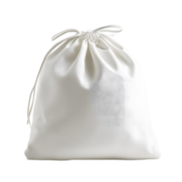 Elegant white satin drawstring gift bag with intricate embossed pattern isolated on transparent background png