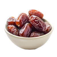 A white bowl filled with ripe dark brown dates showcasing their wrinkled texture isolated on transparent background png