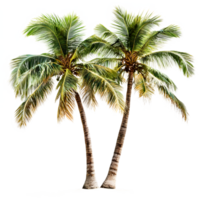 Two lush green palm trees with detailed trunks isolated on transparent background png