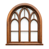 Ornate gothic revival arched wooden window with three lancet panes isolated on transparent background png