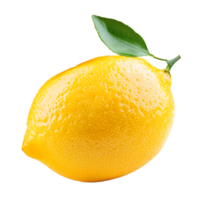 A bright yellow lemon with a single green leaf attached isolated on transparent background png