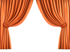 Elegant orange velvet stage curtains drawn open revealing a dark space isolated on transparent background png