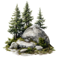 Realistic miniature forest scene with large boulder and evergreen trees isolated on transparent background png