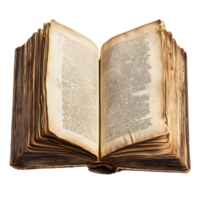 An ancient open book with aged yellowed pages filled with text isolated on transparent background png