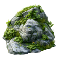 A realistic moss covered rock formation with lush green vegetation isolated on transparent background png