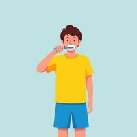 Young Man Brushing Teeth with Toothbrush in Yellow Shirt and Blue Shorts vector