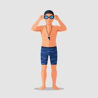 Swimmer Preparing Goggles in Blue Swim Trunks on Neutral Background vector