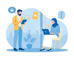 Flat Illustration of Cloud Technology and Data Transfer - A male coworker checks his female coworkers work in real time using wireless file sharing through a cloud service. vector