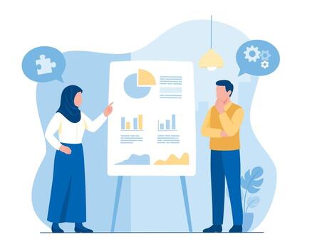 plano ilustración de un negocio presentación y análisis - un hembra altavoz discute cartas en un presentación tablero con un masculino colega, representando problema resolviendo y estrategia vector