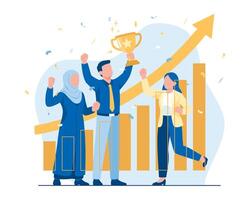 Team celebrating success with a trophy vector