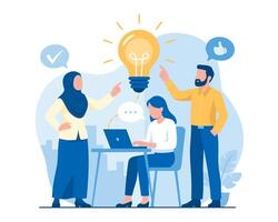 Team brainstorming with light bulb idea vector