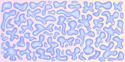 Blue glossy water liquid shapes, droplets background with psychedelic fluid blobs. Bundle of monochrome y2k bubbles with light 3D effect. Set of intense amorphous blots vector