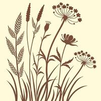 Brown silhouette of wild grasses and flowers on a cream background vector