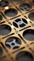 Futuristic mechanical grid with golden and metallic components, illuminated by glowing lights. High-tech, abstract industrial background perfect for technology themes. video