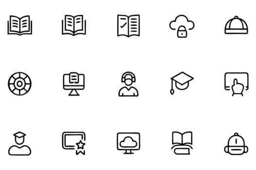 colección de educación y tecnología íconos representando aprendizaje recursos y en línea herramientas para estudiantes y profesionales en varios campos vector