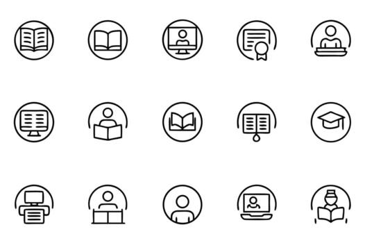 Collection of Education and Learning Icons Depicting Books, Online Courses, Certificates, and Academic Attainment, Suitable for Various Educational Contexts vector