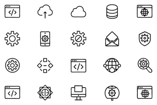 variedad de línea íconos representando tecnología y desarrollo conceptos incluso nube informática, bases de datos, y programación vector