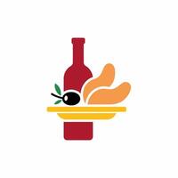 Stylized Illustration of Olive, Apricots, and Wine Bottle on Plate vector