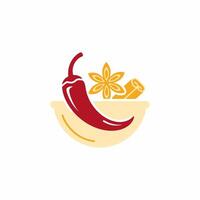 Red Chili Pepper, Star Anise, Cinnamon Stick in Bowl - Spicy Culinary Illustration vector