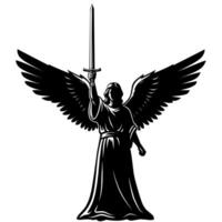 illustration of a powerful winged angel holding a sword. Silhouette style with bold lines, ideal for tattoo art, fantasy themes, and spiritual iconography vector