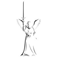 Line art drawing of an angel with wings and sword in hand. Minimalist outline illustration perfect for religious designs, fantasy books, or spiritual branding vector